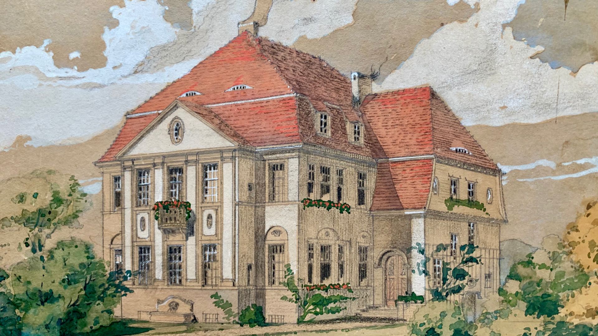 historisches Aquarell der Villa Vollrath in Bad Blankenburg